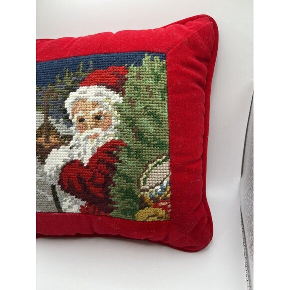 Vintage Needlepoint Xmas Santa Hand Embroidered Wool & Velvet Pillow NICE - Picture 6 of 15